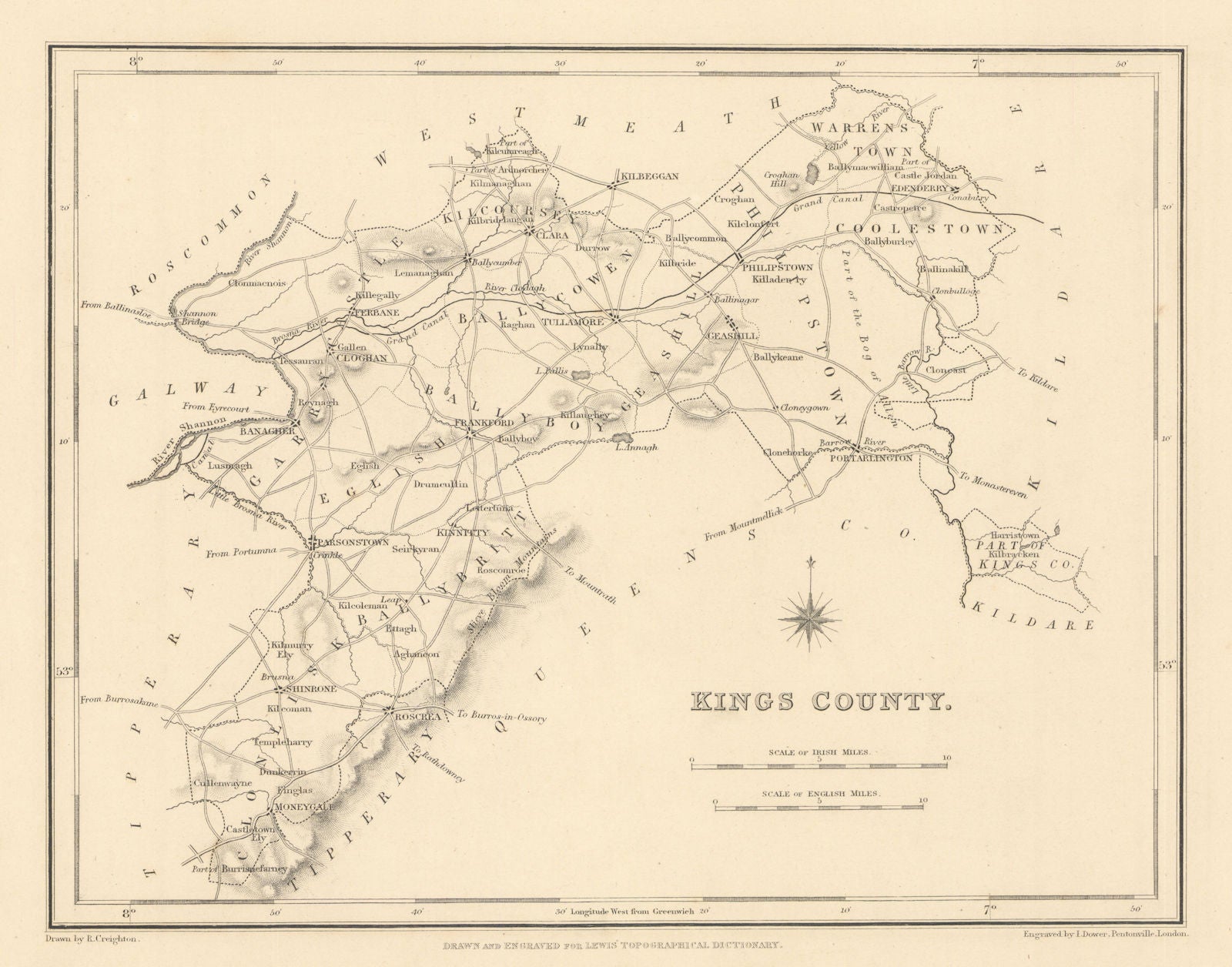 KINGS COUNTY (OFFALY) antique map for LEWIS - CREIGHTON & DOWER - Ireland 1837